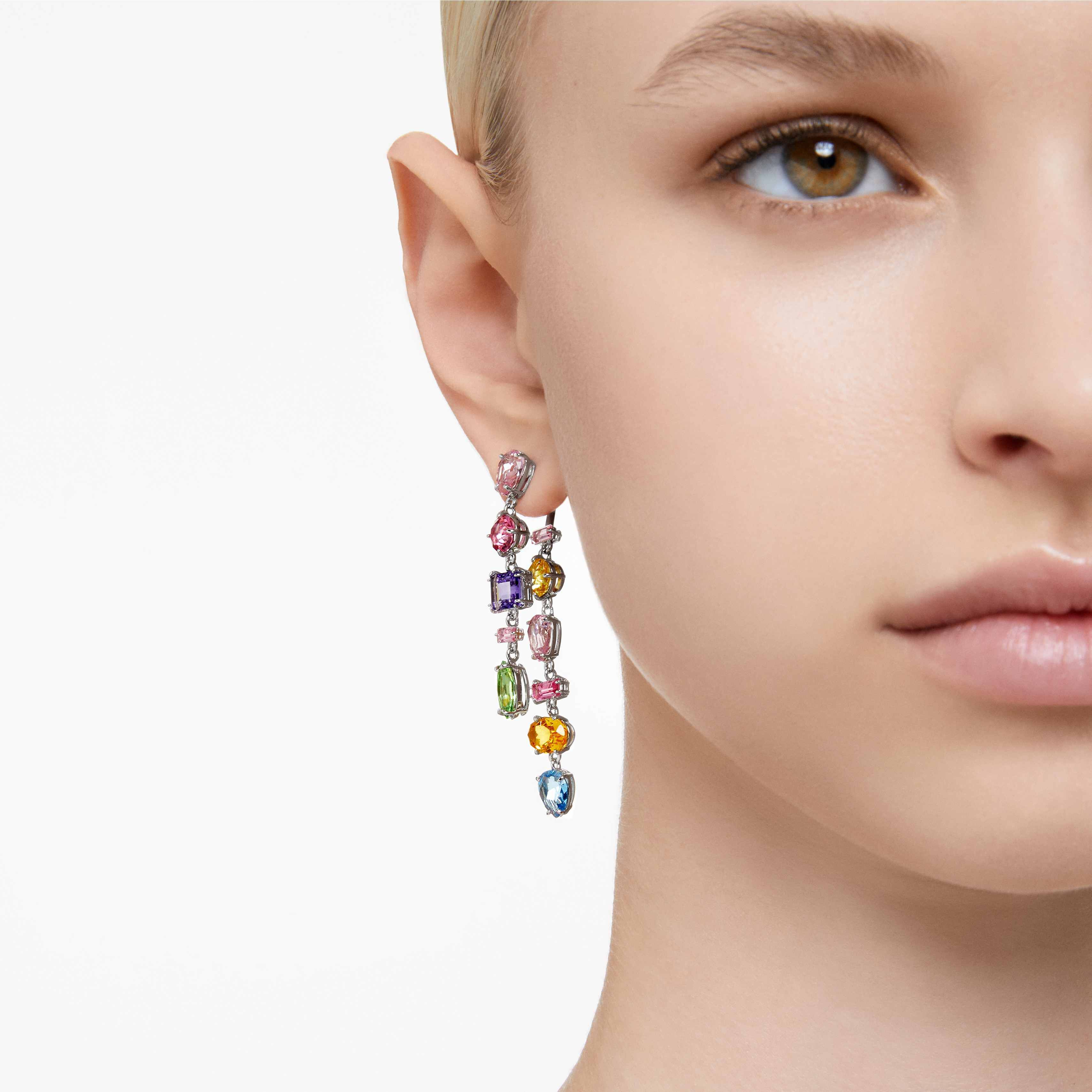 swarovski gema drop earrings  asymmetrical design  mixed cuts  long  multicolored  rhodium plated