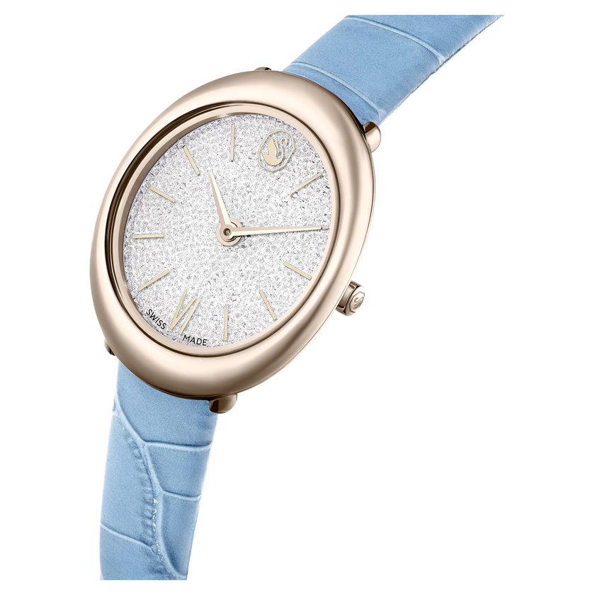 swarovski imber oval watch  swiss made  leather strap  blue  champagne gold tone finish