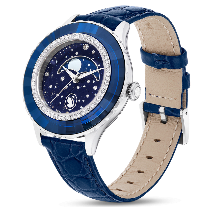 swarovski octea moon watch  swiss made  moon  leather strap  blue  stainless steel