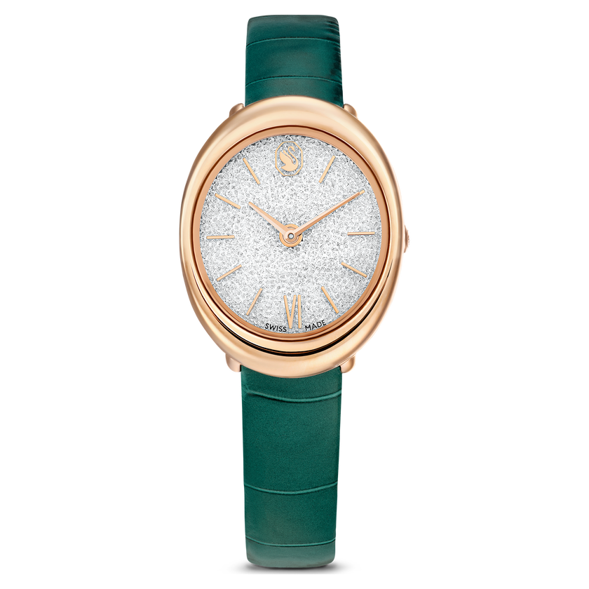 swarovski imber oval watch  swiss made  leather strap  green  rose gold tone finish