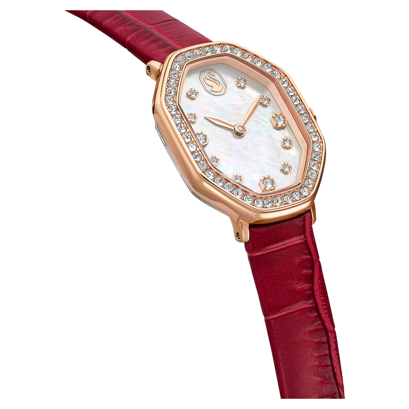 swarovski dextera octagon watch  swiss made  leather strap  red  rose gold tone finish