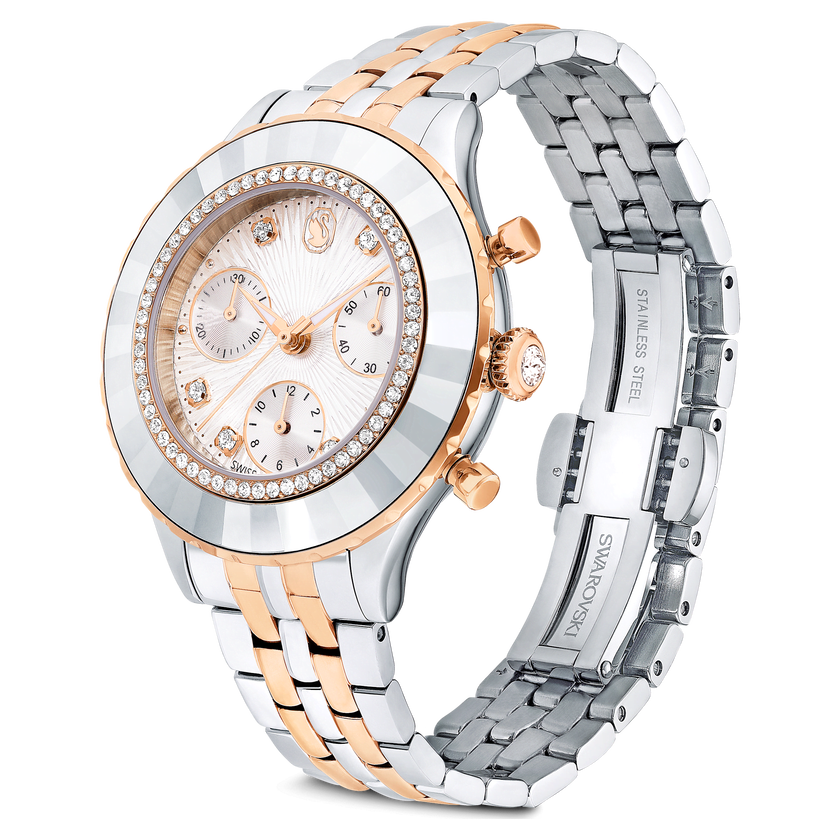 swarovski octea chrono watch  swiss made  metal bracelet  rose gold tone  mixed metal finish