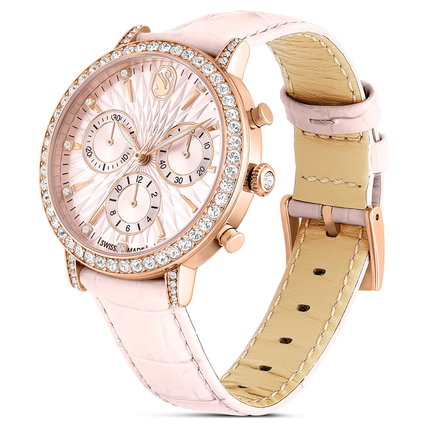 swarovski matrix tennis chrono watch  swiss made  leather strap  pink  rose gold tone finish