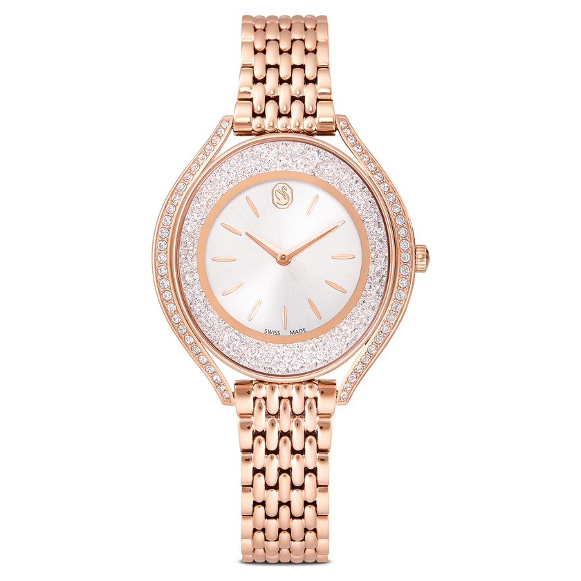 swarovski crystalline aura watch  swiss made  metal bracelet  rose gold tone  rose gold tone finish