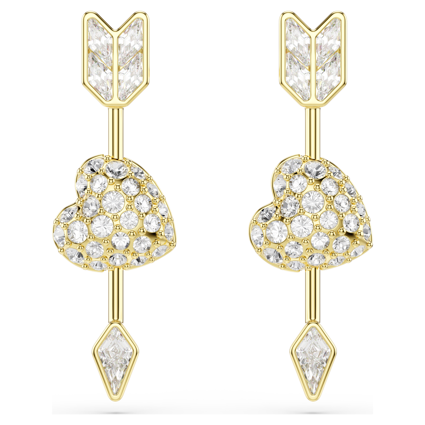 swarovski idyllia drop earrings  mixed cuts  heart with arrow  white  gold tone plated