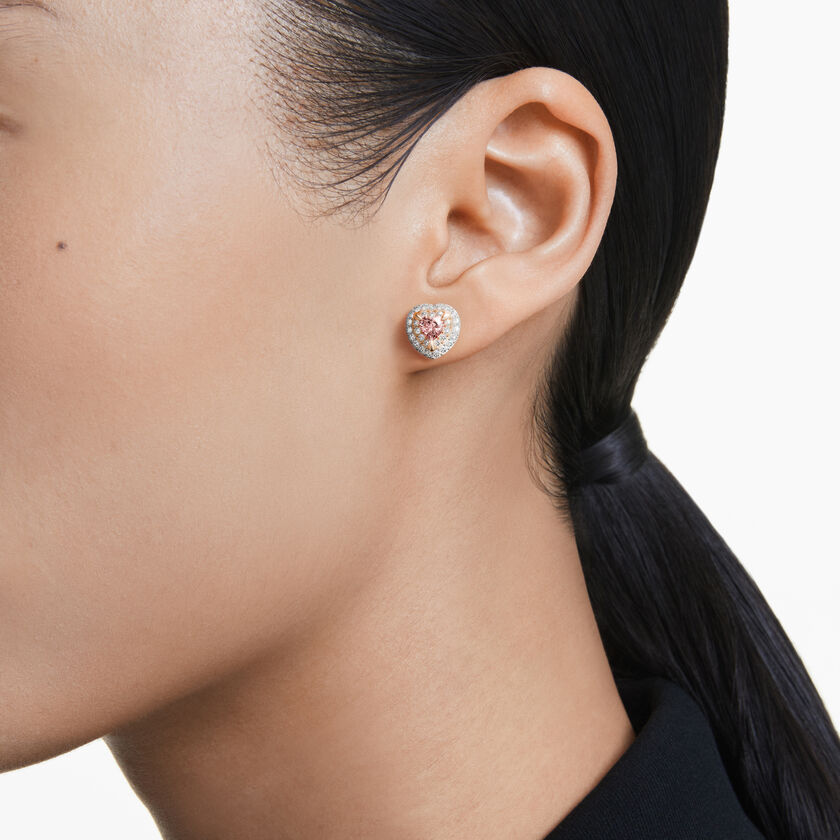 swarovski one stud earrings  heart cut  pav   heart  pink  mixed metal finish