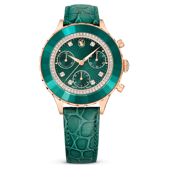swarovski octea chrono watch swiss made leather strap green rose gold tone finish
