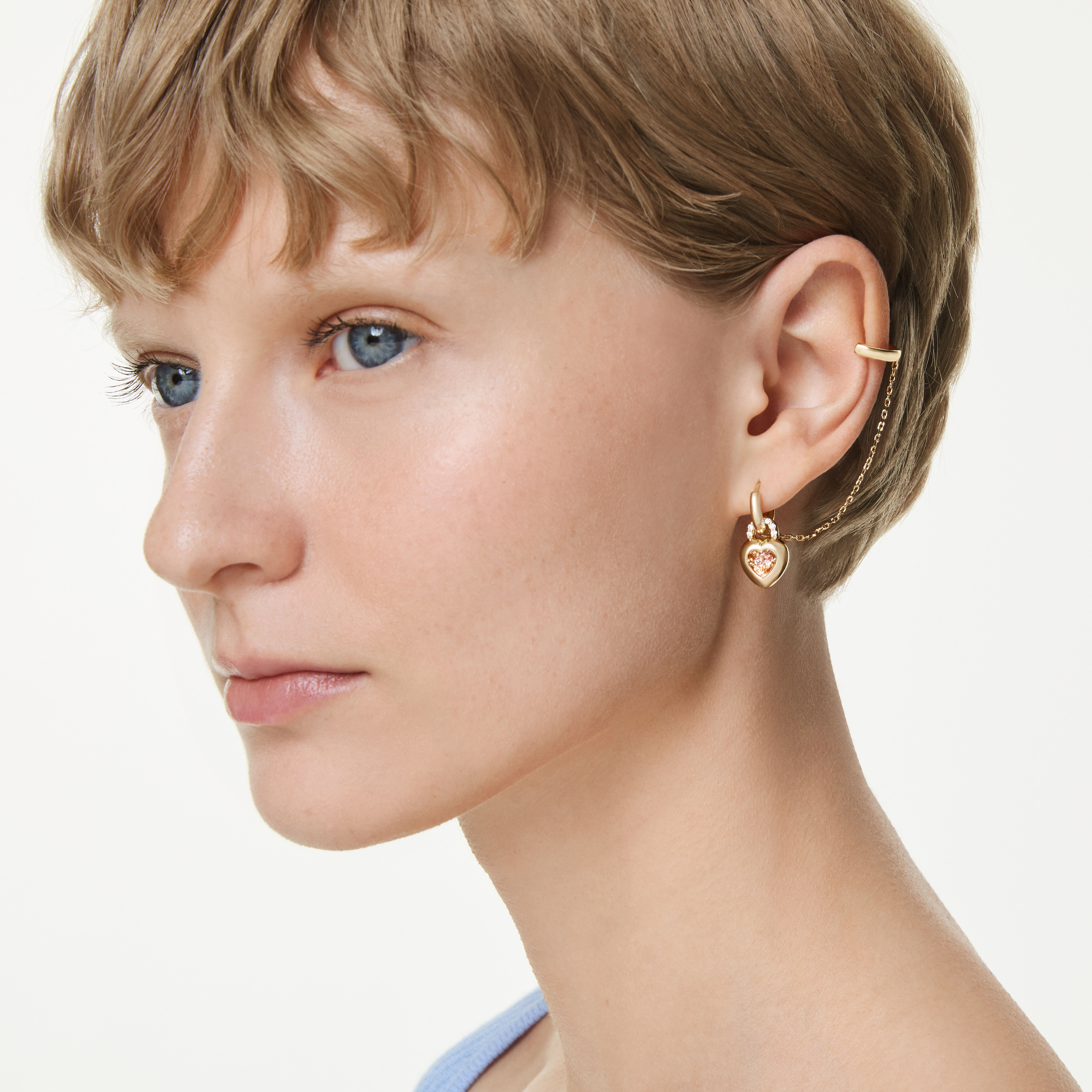 swarovski idyllia drop earrings with ear cuff  mixed cuts  heart with key  pink  gold tone plated