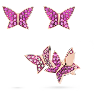 swarovski lilia stud earrings  set  3   butterfly  pink  rose gold tone plated