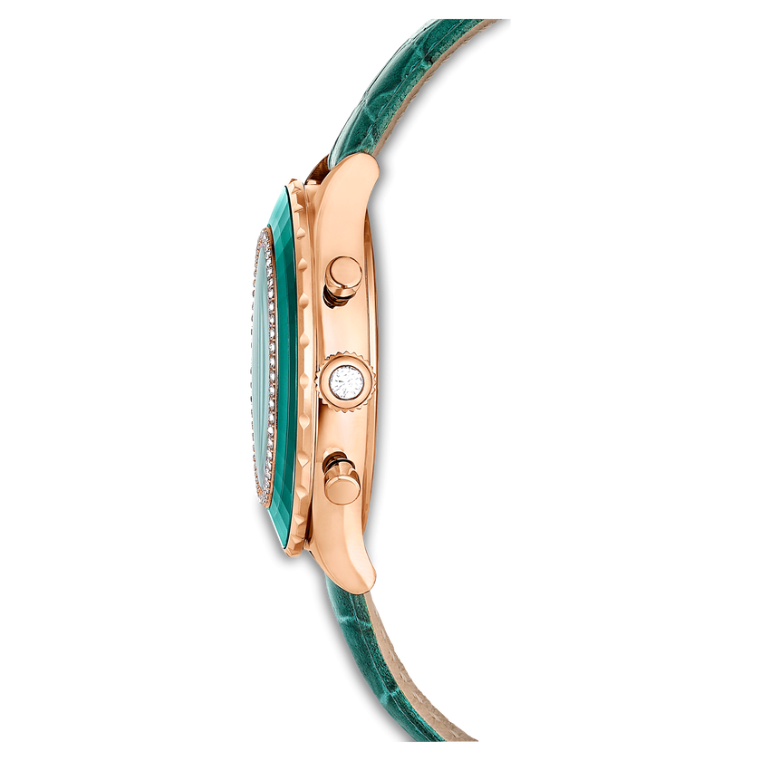 swarovski octea chrono watch  swiss made  leather strap  green  rose gold tone finish
