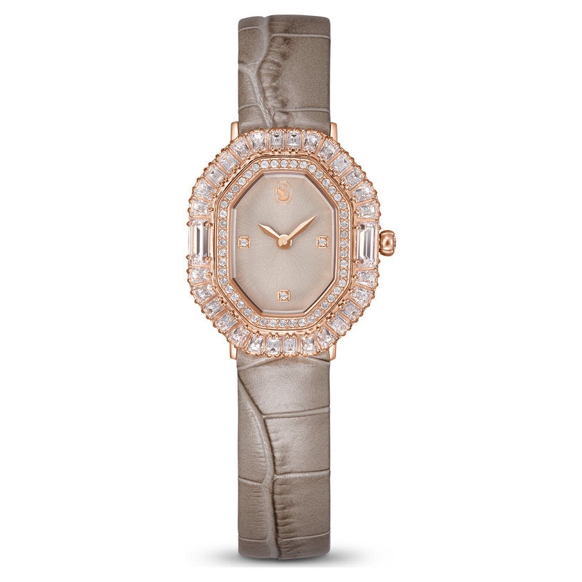 swarovski matrix octagon watch  leather strap  beige  rose gold tone finish