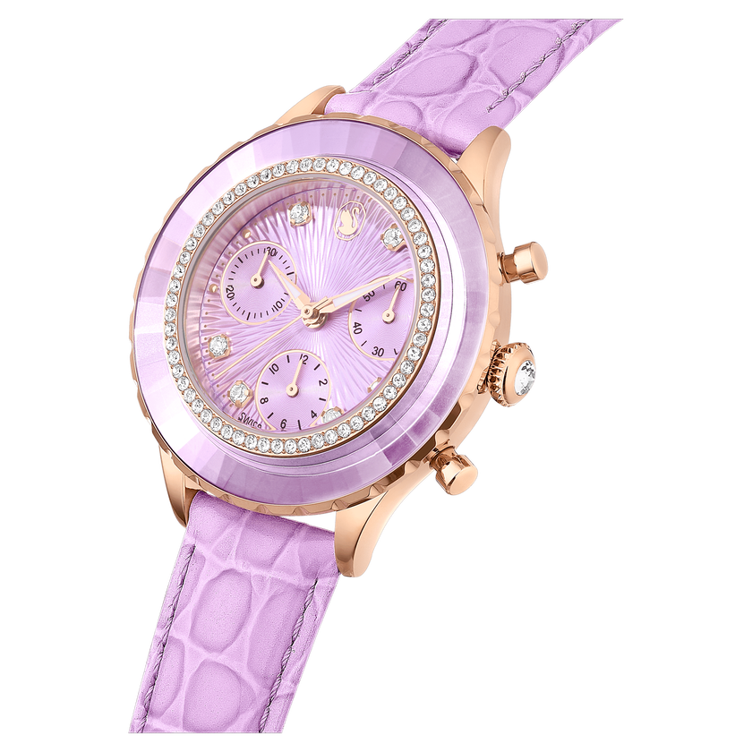 swarovski octea chrono watch  swiss made  leather strap  purple  rose gold tone finish