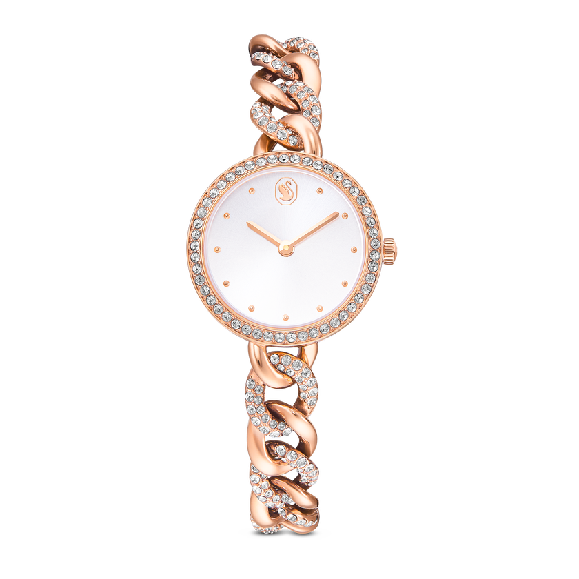 swarovski cocktail round watch  metal bracelet  gold tone  rose gold tone finish