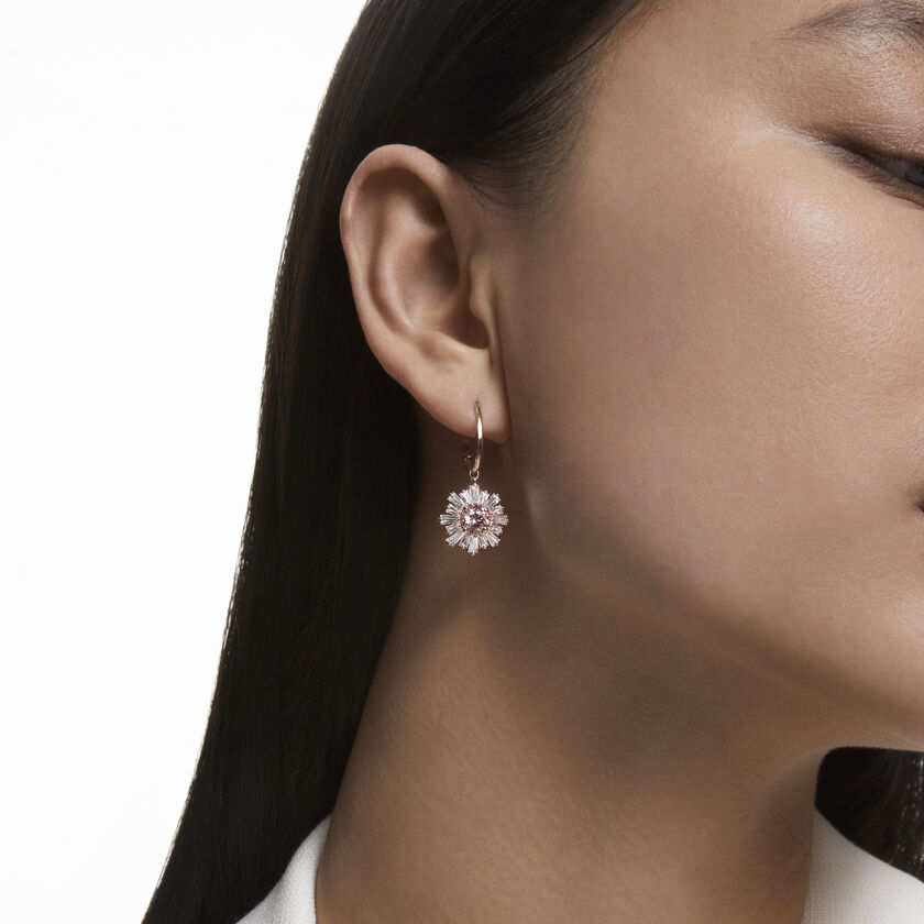swarovski sunshine drop earrings  mixed cuts  sun  pink  rose gold tone plated