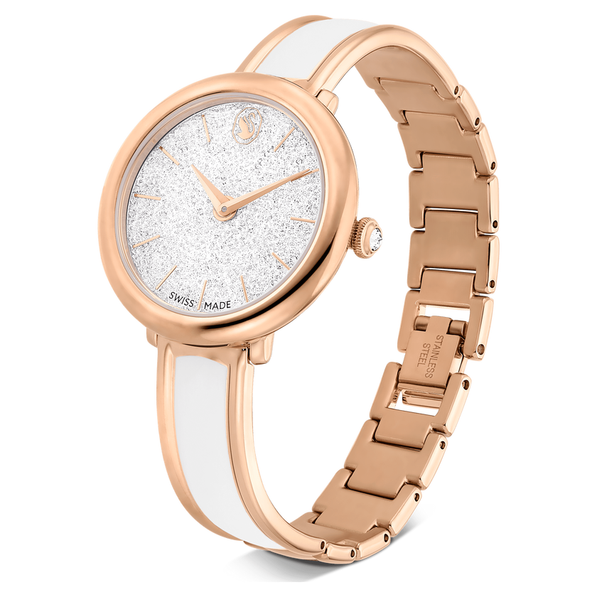 swarovski crystalline bangle watch  swiss made  metal bracelet  white  rose gold tone finish