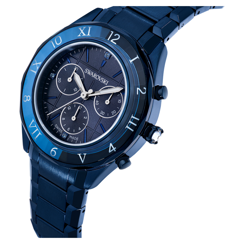 swarovski dextera chrono watch  39mm  swiss made  metal bracelet  blue  blue finish