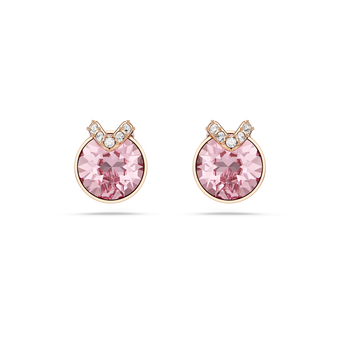 swarovski bella v stud earrings  round cut  pav   pink  18k rose gold finish