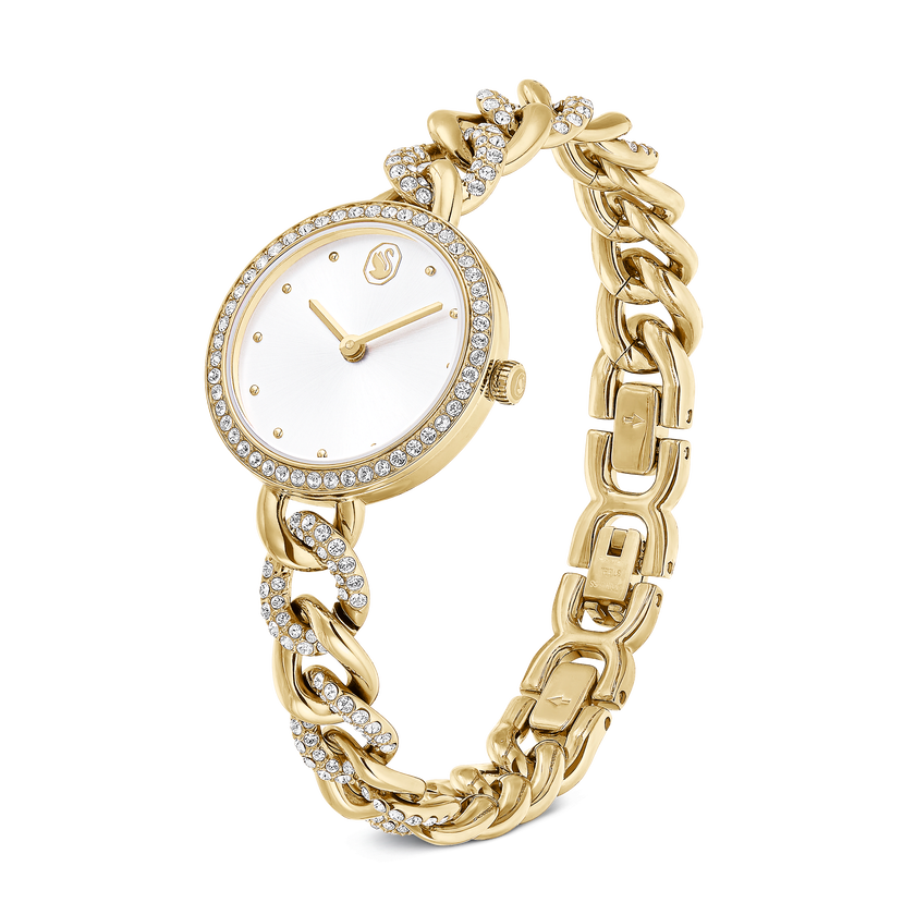 swarovski cocktail round watch  round cut  metal bracelet  gold tone  gold tone finish