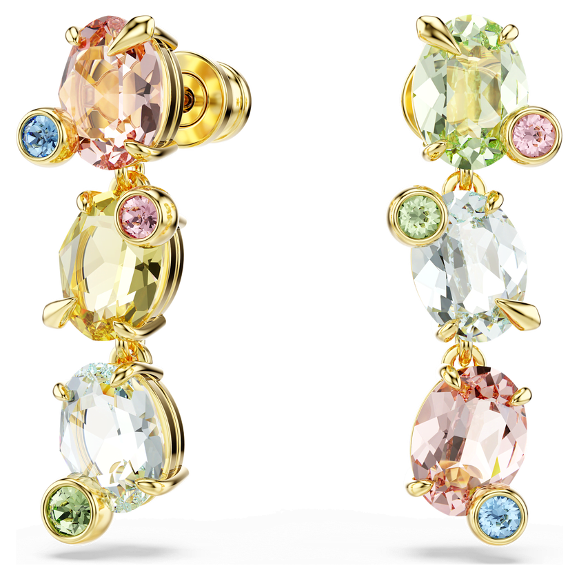 swarovski gema drop earrings  asymmetrical design  mixed cuts  multicolored  gold tone plated