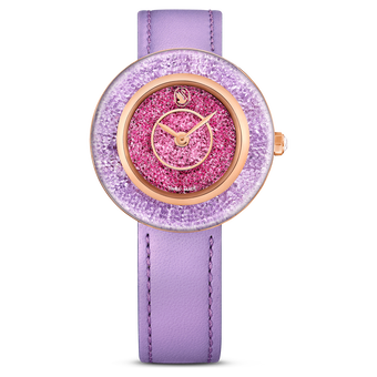 swarovski crystalline lustre watch  swiss made  leather strap  purple  rose gold tone finish