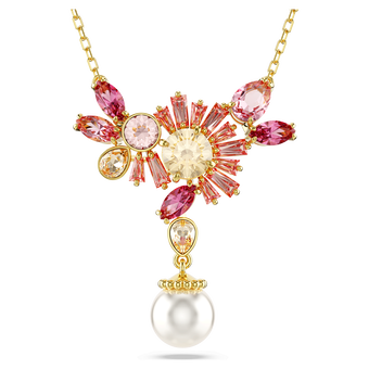 swarovski gema pendant  mixed cuts  crystal pearl  flower  pink  gold tone plated