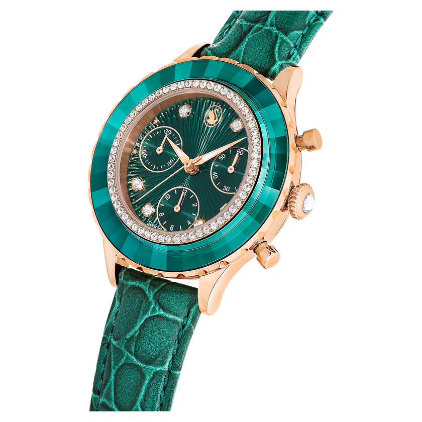 swarovski octea chrono watch  swiss made  leather strap  green  rose gold tone finish