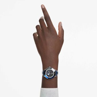 swarovski octea moon watch  swiss made  moon  leather strap  blue  stainless steel