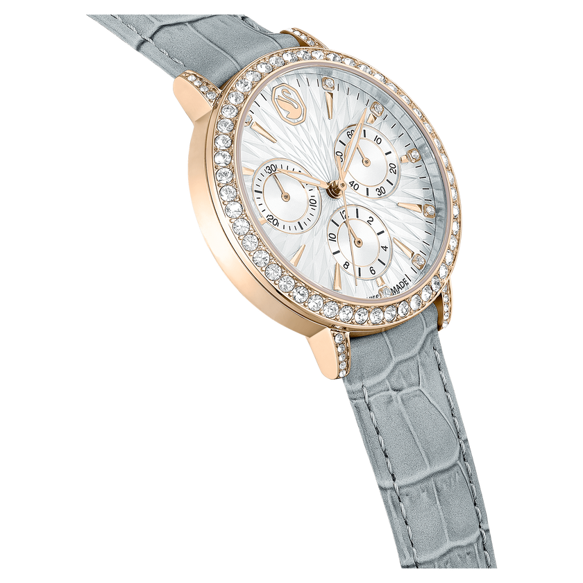 swarovski matrix tennis chrono watch  swiss made  leather strap  gray  champagne gold tone finish