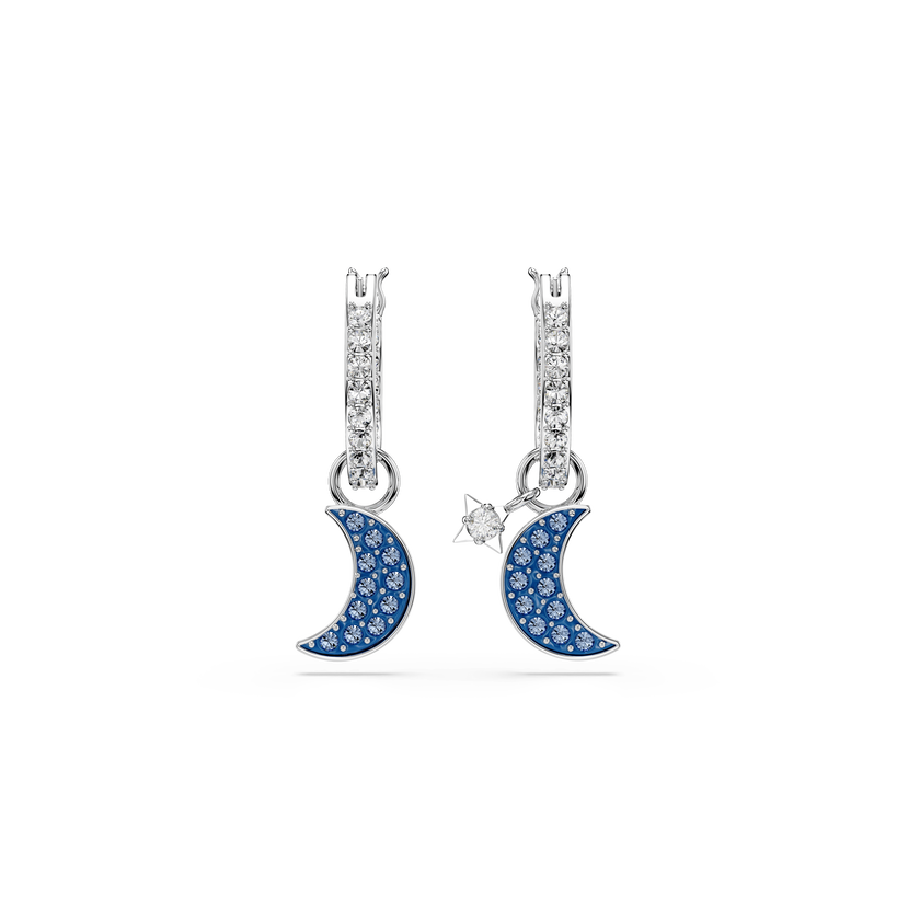 swarovski symbolica drop earrings  round cut  moon  blue  rhodium plated