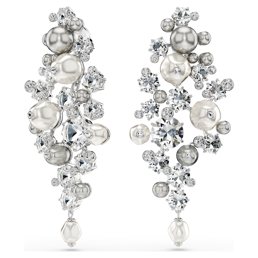 swarovski constella earrings  crystal pearl  round cut  white  rhodium plated