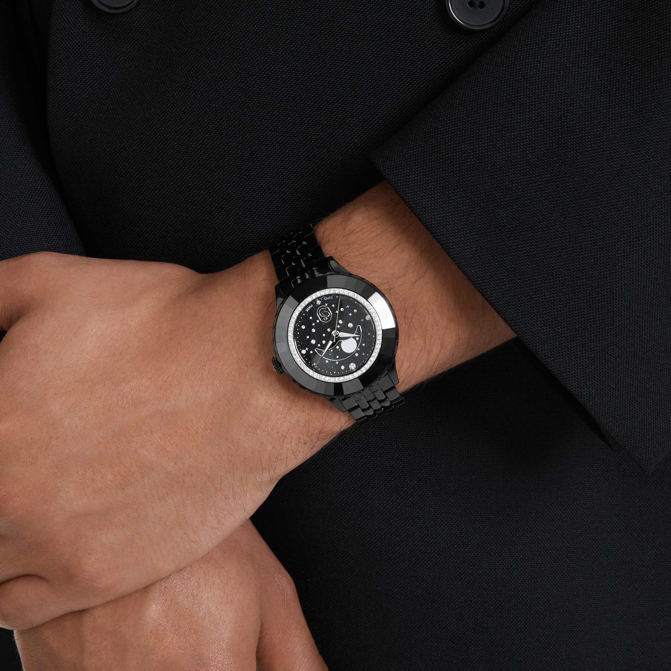 swarovski octea moon watch  swiss made  moon  metal bracelet  black  black finish