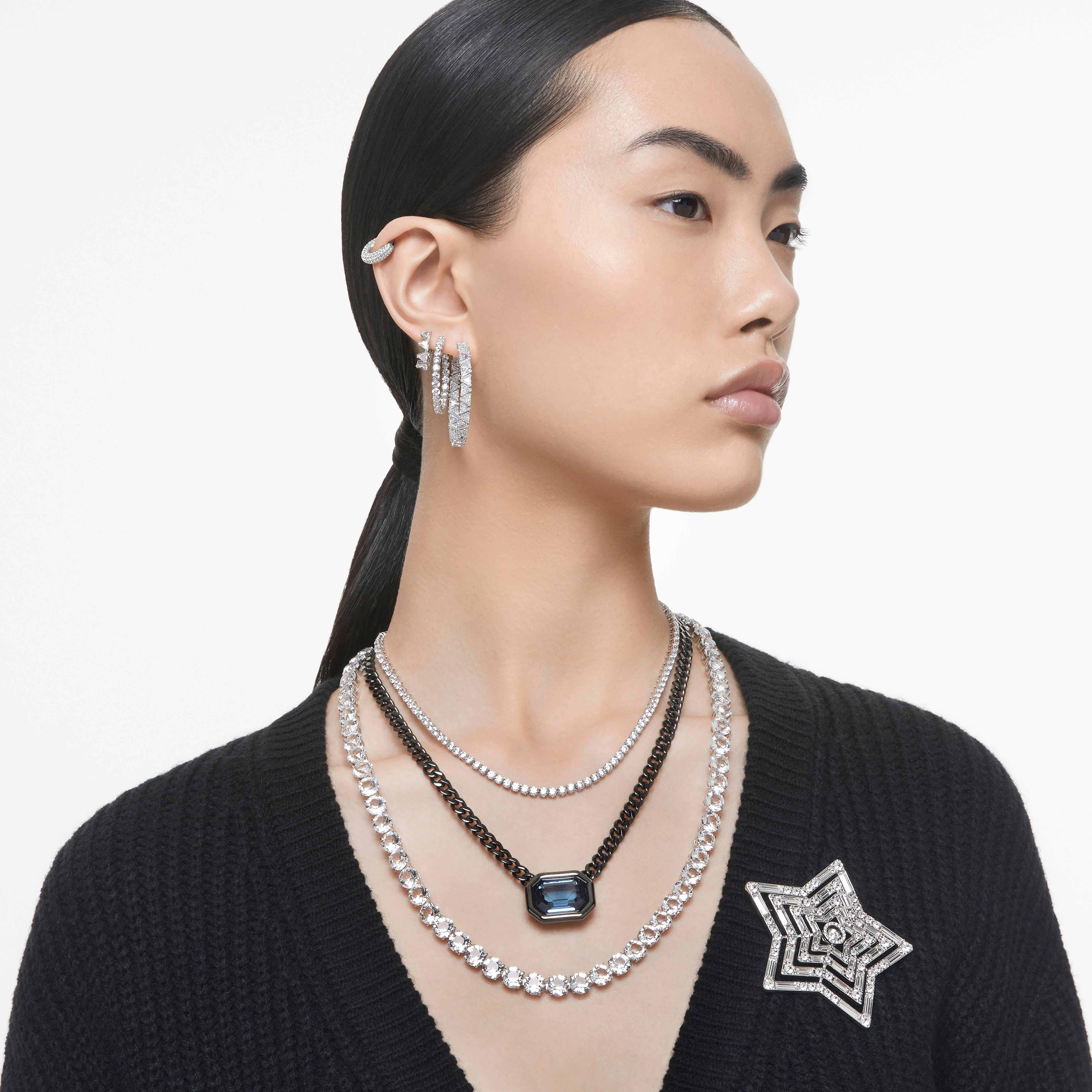 swarovski matrix hoop earrings  round cut  white  rhodium plated