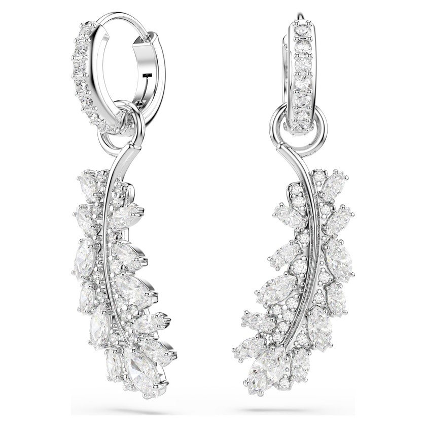 swarovski vienna earrings  mixed cuts  feather  white  rhodium plated