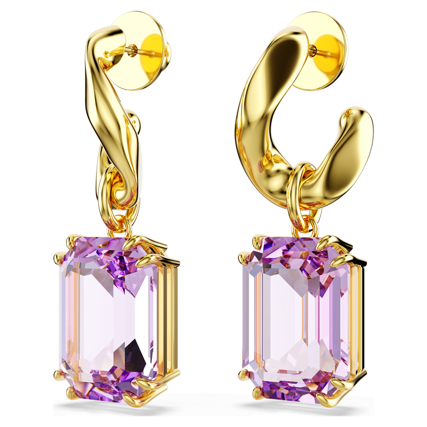 swarovski millenia drop earrings  octagon cut  purple  gold tone plated