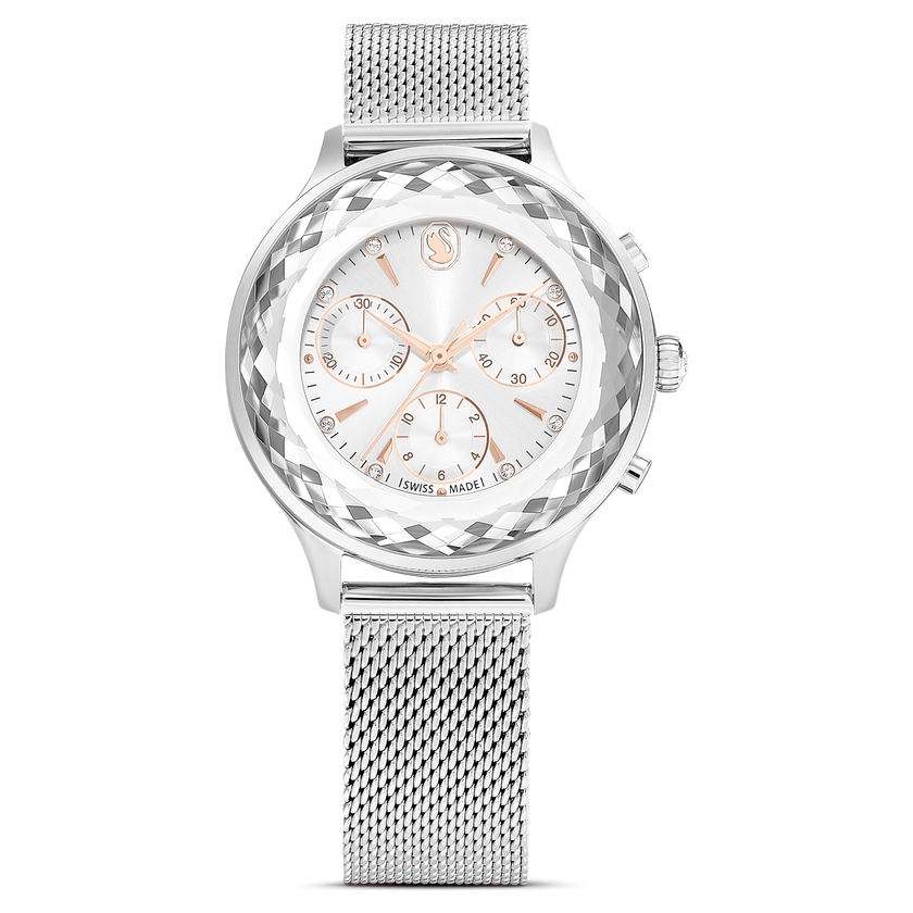 swarovski nova chrono watch  swiss made  metal bracelet  silver tone  stainless steel