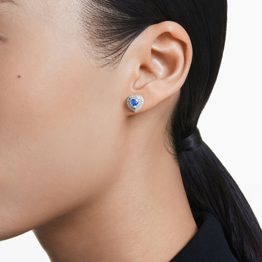 swarovski one stud earrings  heart cut  pav   heart  blue  rhodium plated