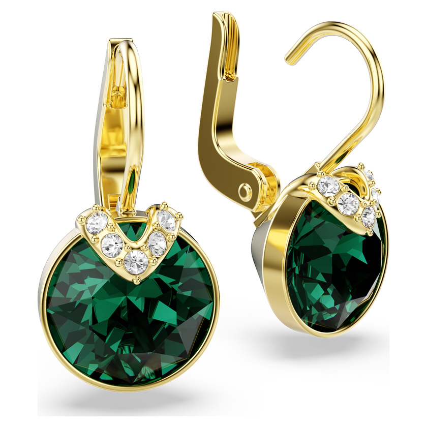 swarovski bella v drop earrings  round cut  green  gold tone plated