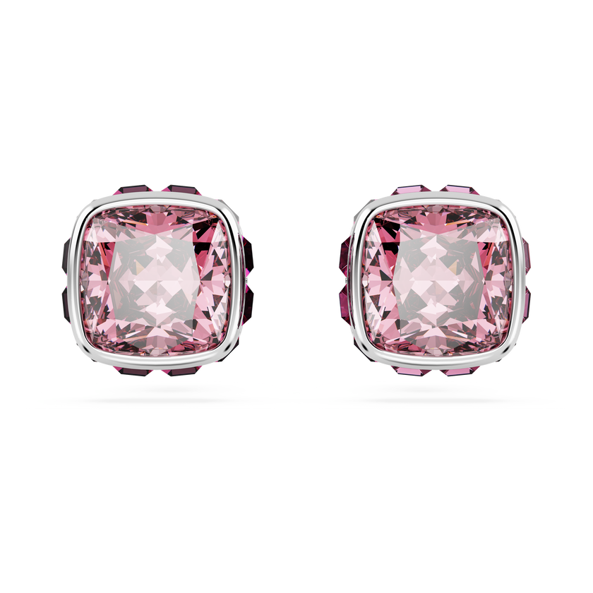 swarovski birthstone stud earrings  square cut  october  pink  rhodium plated