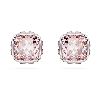 swarovski birthstone stud earrings  square cut  june  pink  rhodium plated