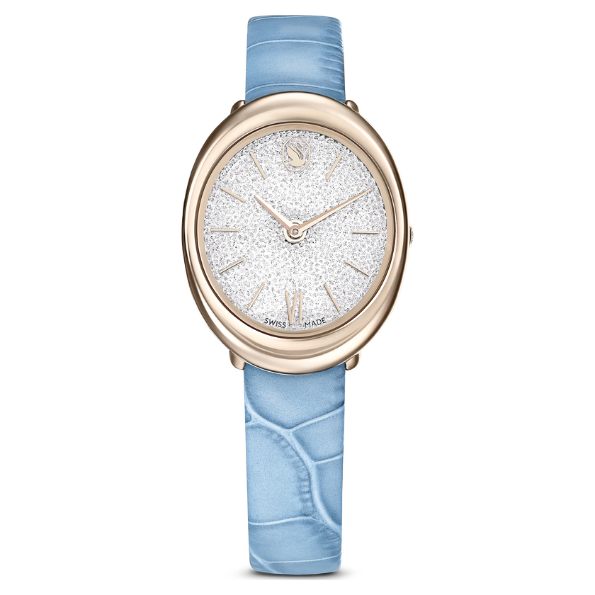 swarovski imber oval watch  swiss made  leather strap  blue  champagne gold tone finish