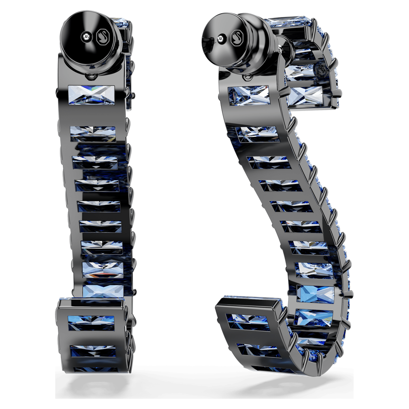 swarovski matrix drop earrings  baguette cut  blue  ruthenium plated