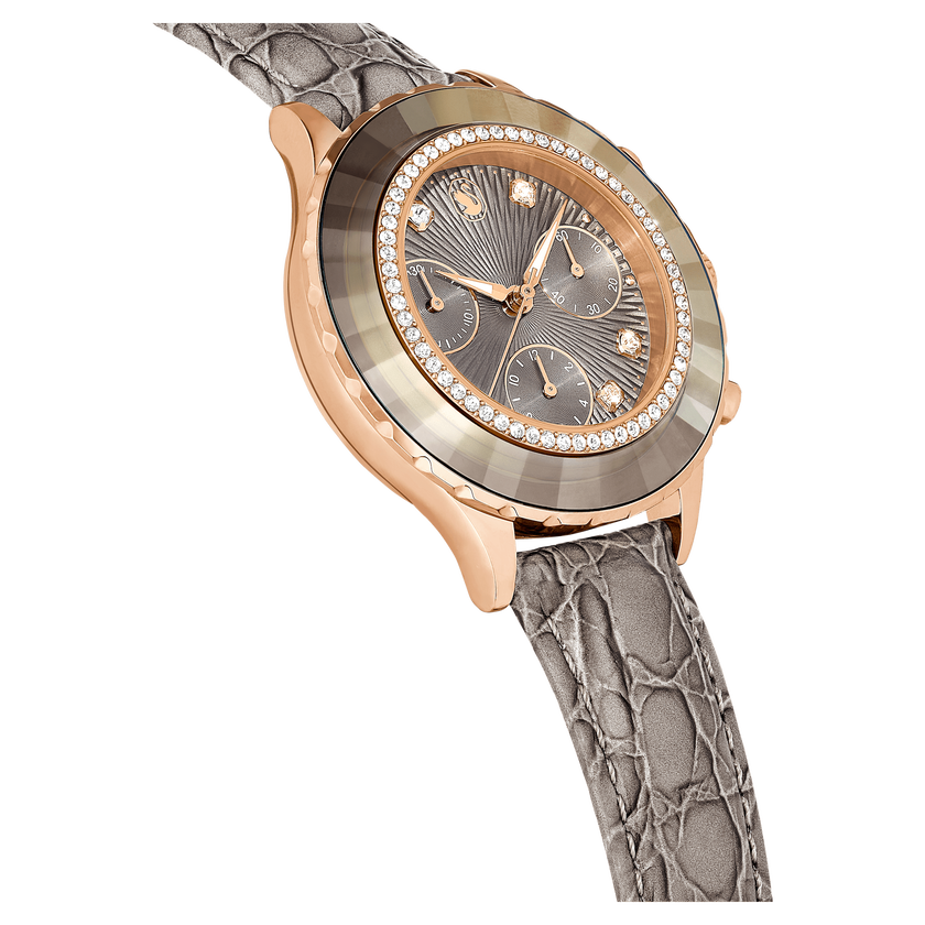 swarovski octea chrono watch  swiss made  leather strap  gray  rose gold tone finish