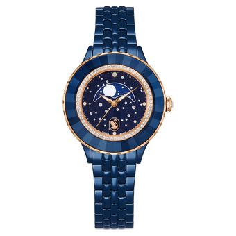 swarovski octea moon watch  swiss made  metal bracelet  blue  blue finish