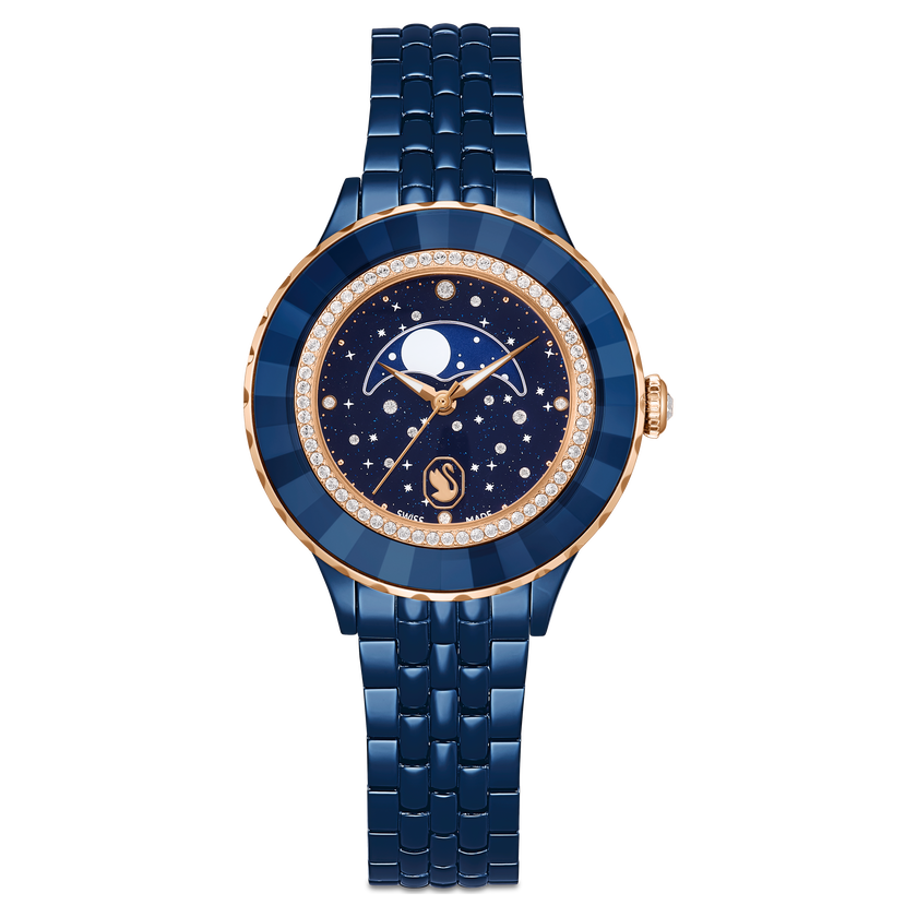 swarovski octea moon watch  swiss made  metal bracelet  blue  blue finish