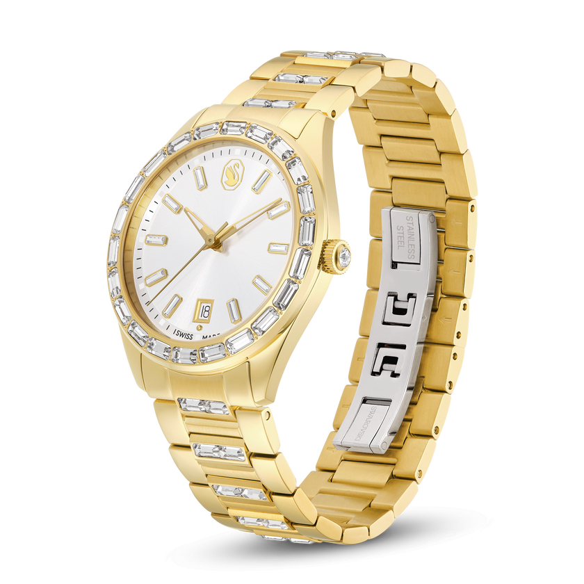 swarovski matrix date watch  swiss made  metal bracelet  gold tone  gold tone finish