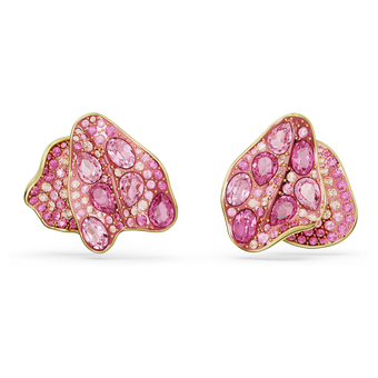swarovski florere stud earrings  asymmetrical design  flower  pink  gold tone plated
