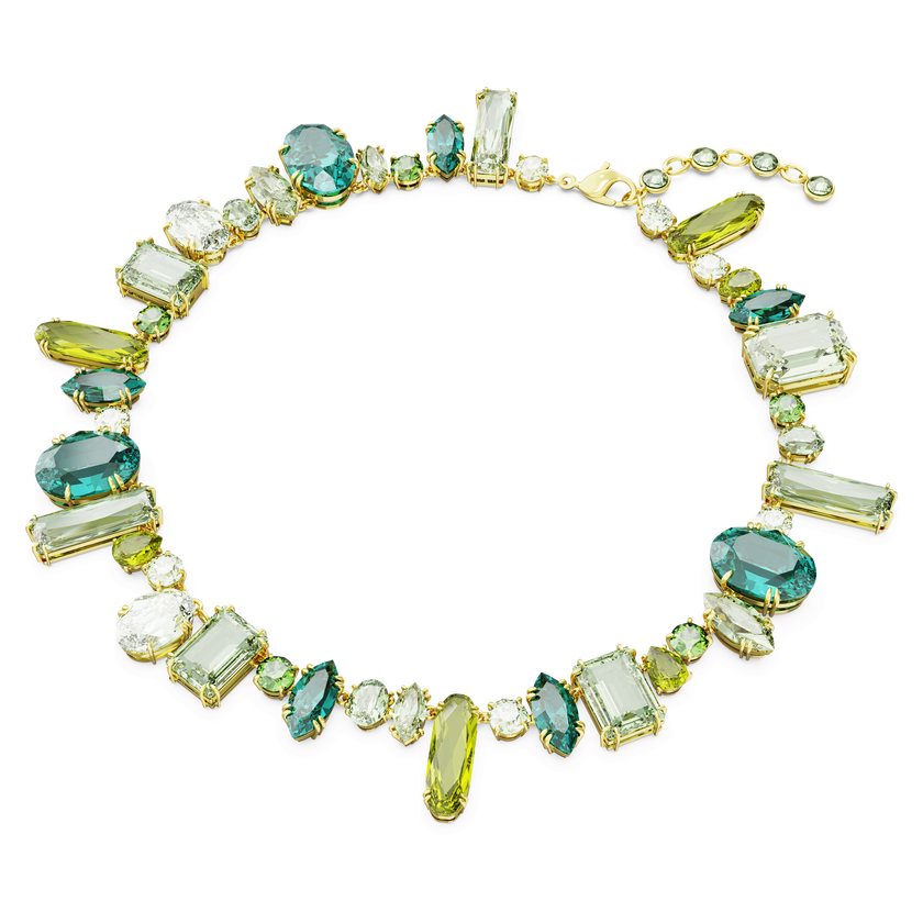 swarovski gema necklace  mixed cuts  green  gold tone plated