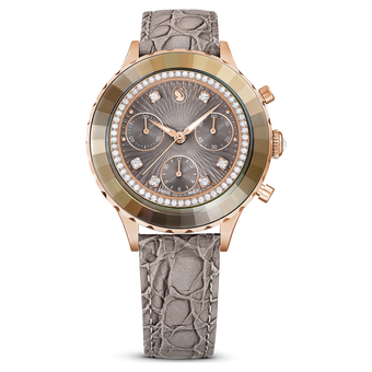 swarovski octea chrono watch swiss made leather strap gray rose gold tone finish