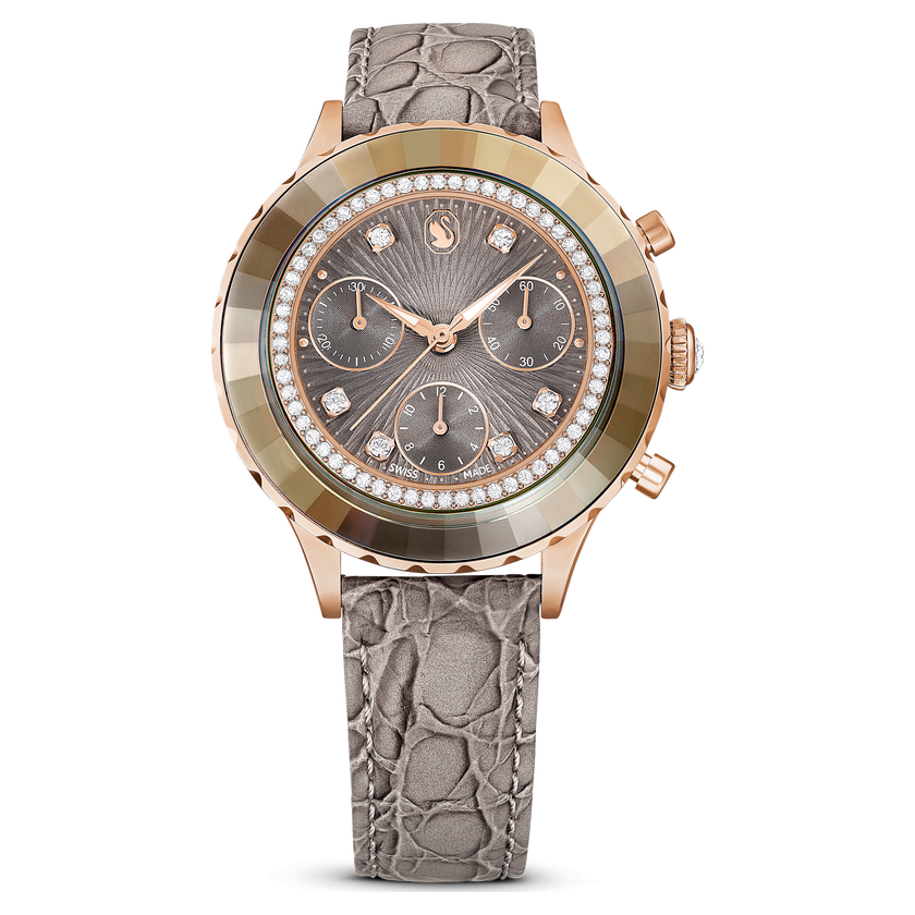 swarovski octea chrono watch  swiss made  leather strap  gray  rose gold tone finish
