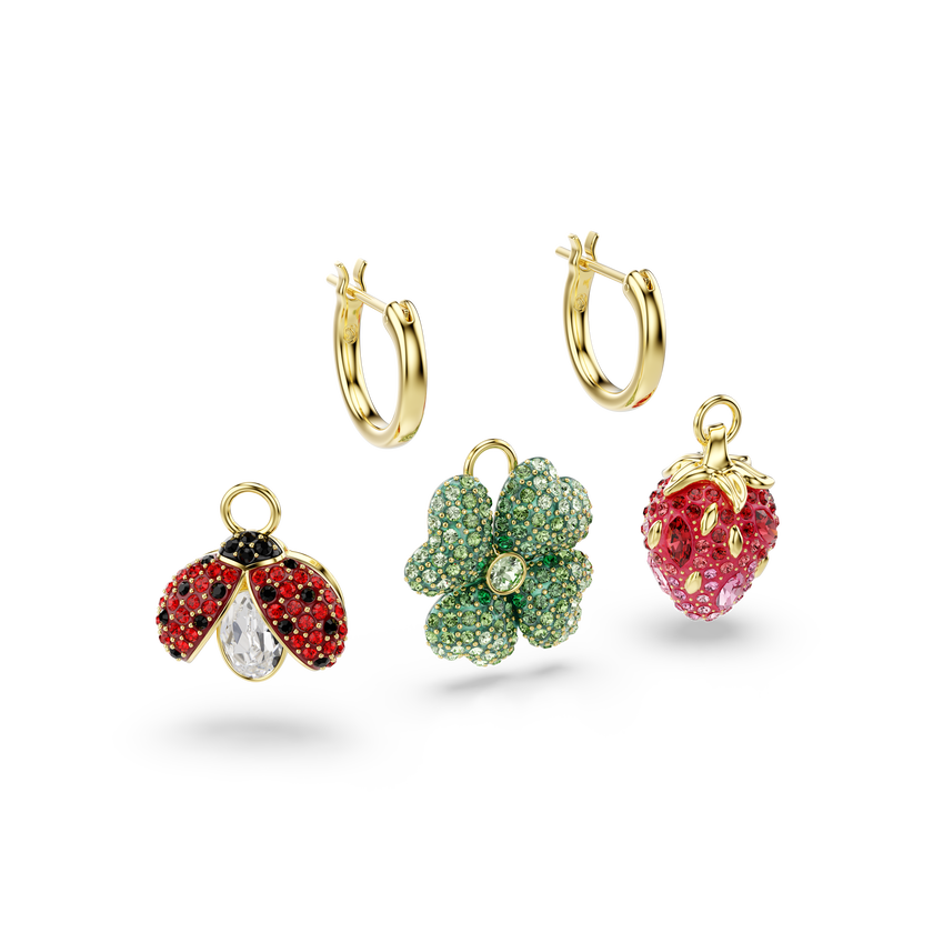 swarovski idyllia drop earrings  set  3   ladybug  clover  strawberry  multicolored  gold tone plated